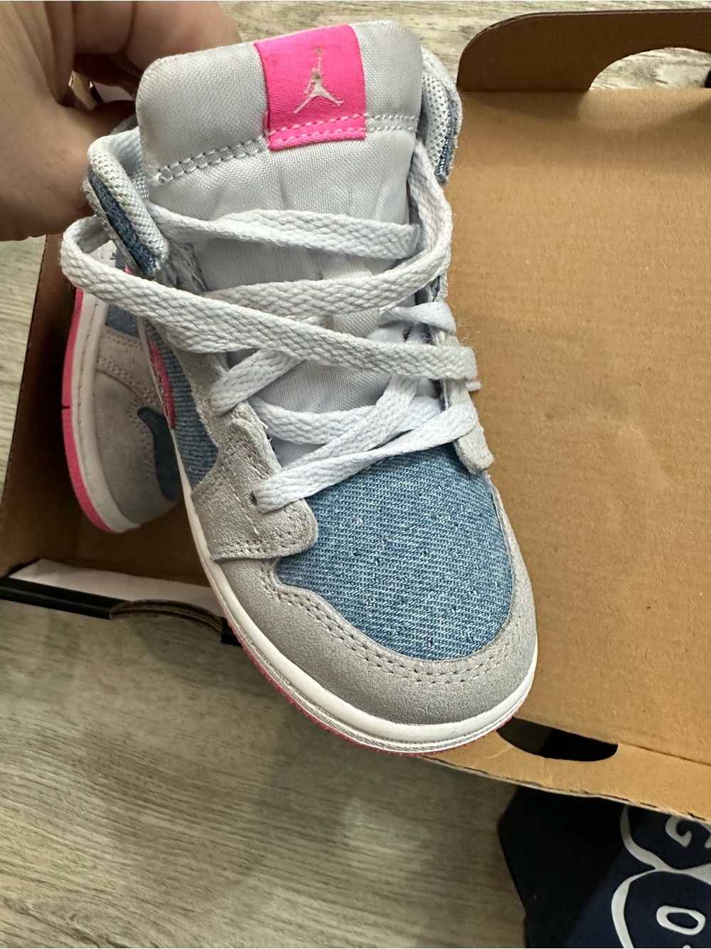 Jordan Kids Grey Denim & Pink Sneakers with Hot Pink Swoosh - Picture 4 of 4